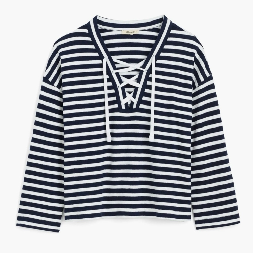 NWT Madewell Stripe Lace-Up Long Sleeve Top
